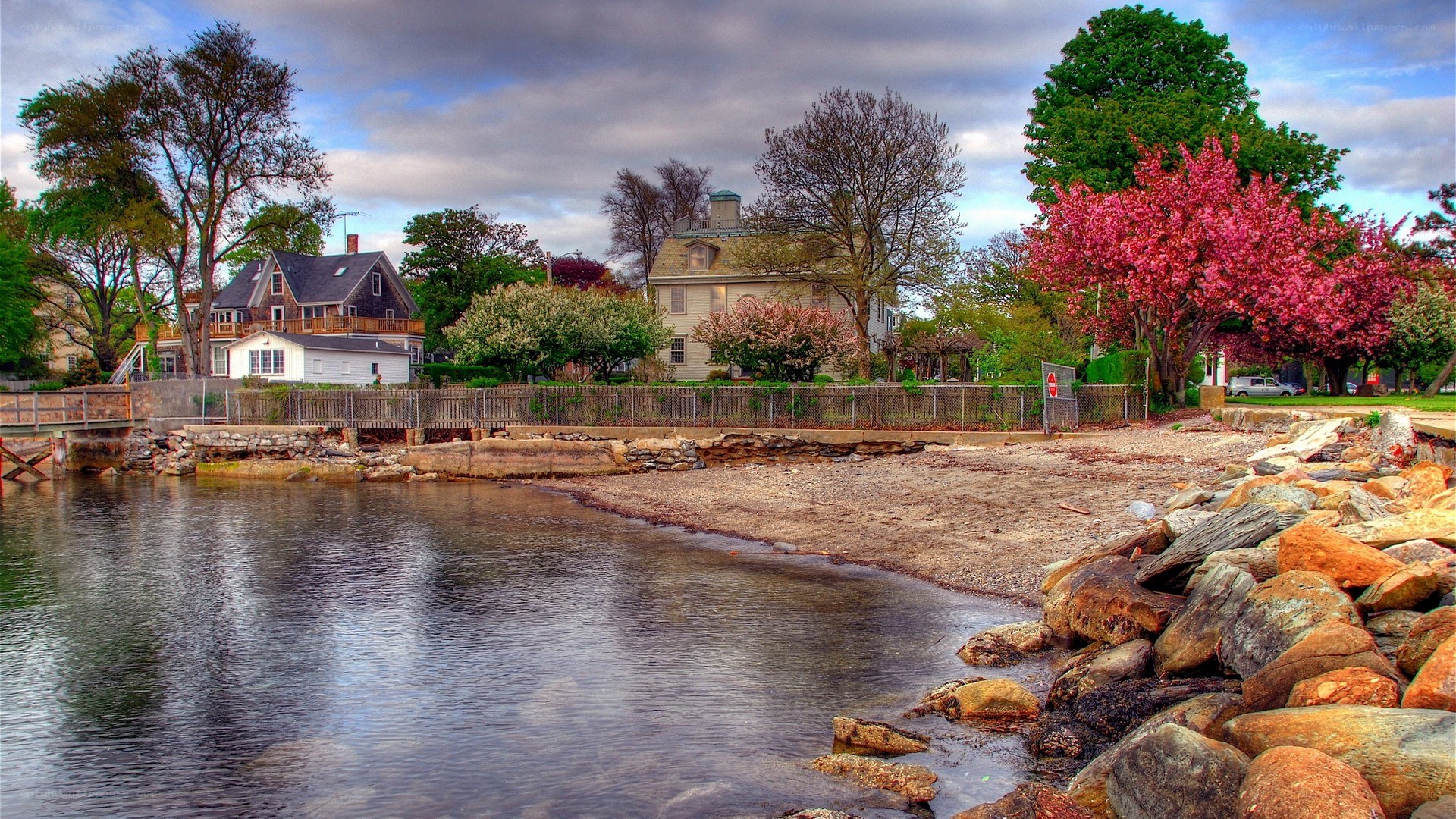 Coastal homes with blooming trees