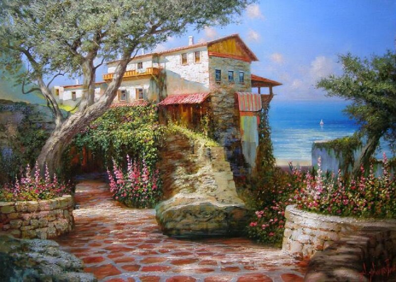 Coastal House with Garden — Blue, Serene