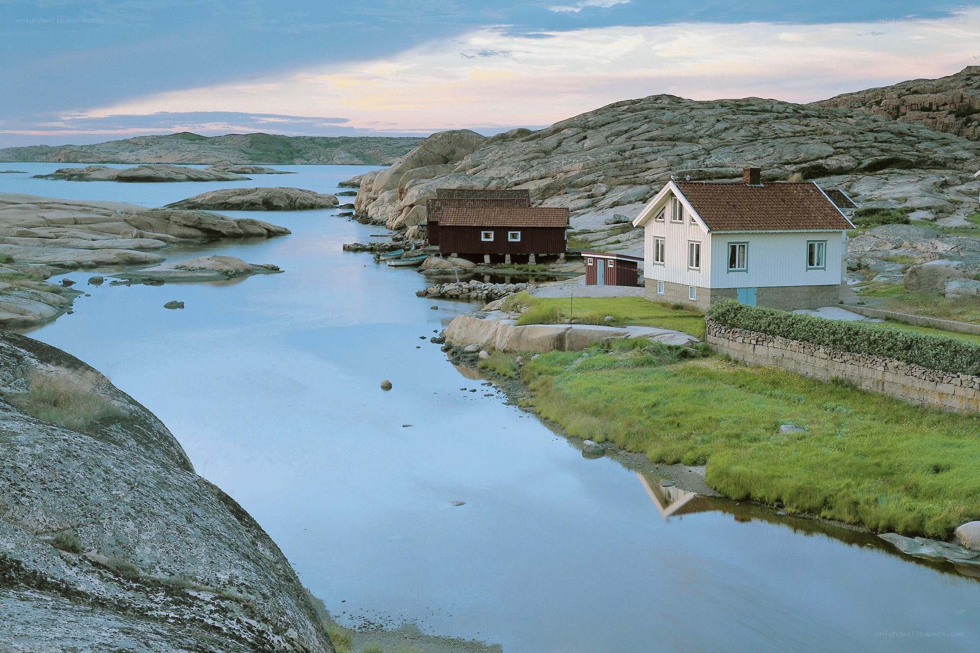 Coastal houses at dusk