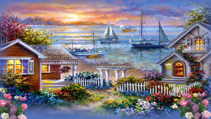 Coastal Houses at Sunset — Blue