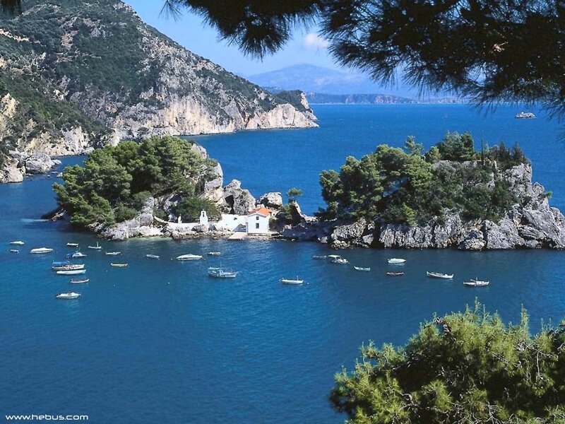 coastal island with white church