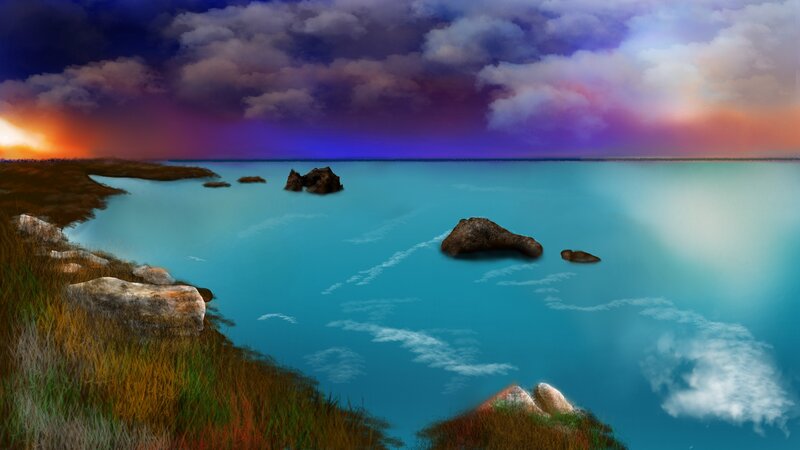 Coastal Landscape at Sunset — Blue, Dramatic, Digital Art