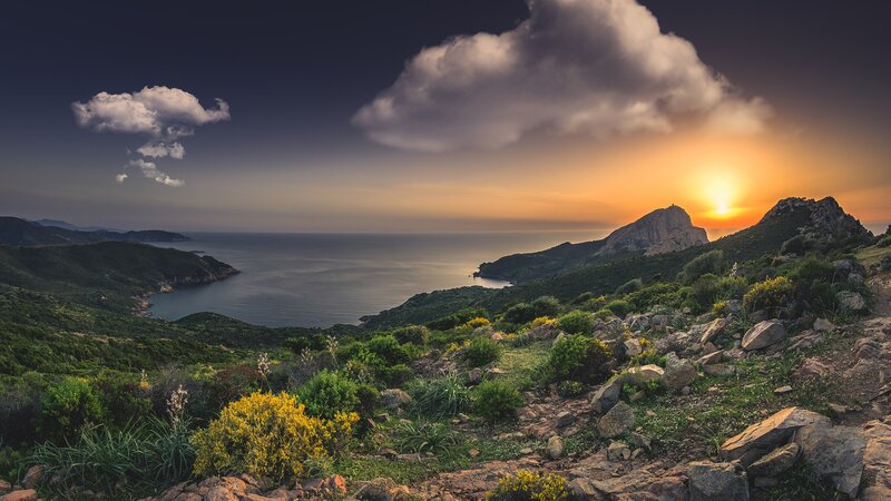 Coastal Landscape at Sunset — Blue, Dramatic, Photograph, Sea