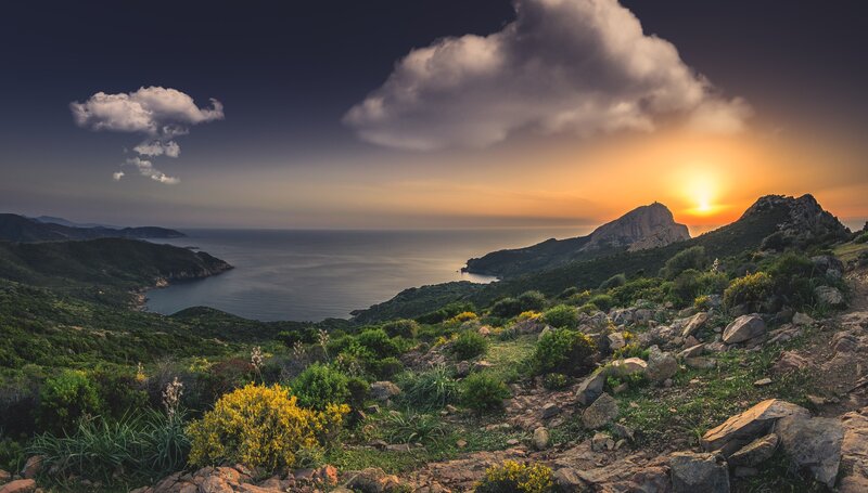 Coastal Landscape at Sunset — Blue, Serene, Photograph