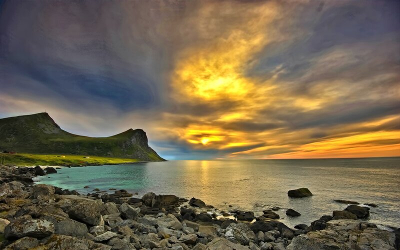 Coastal Landscape at Sunset — Yellow, Dramatic, Photograph