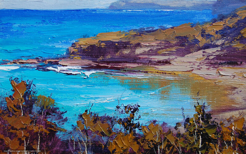 Coastal Landscape Painting — Blue, Serene, Afternoon, Ocean