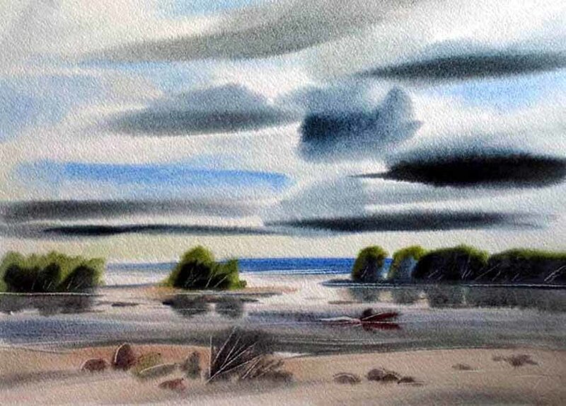 Coastal Landscape with Boat — Blue