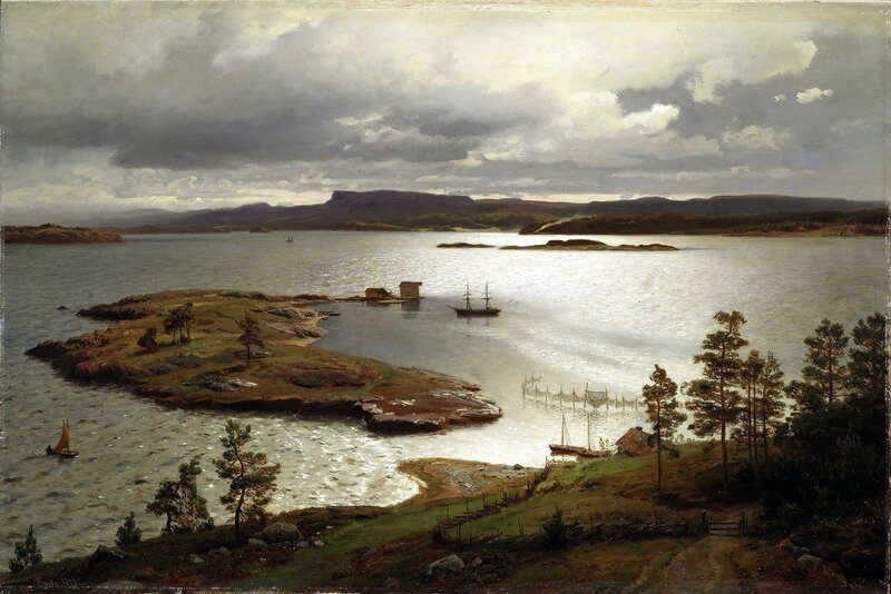 Coastal Landscape with Boats — Gray