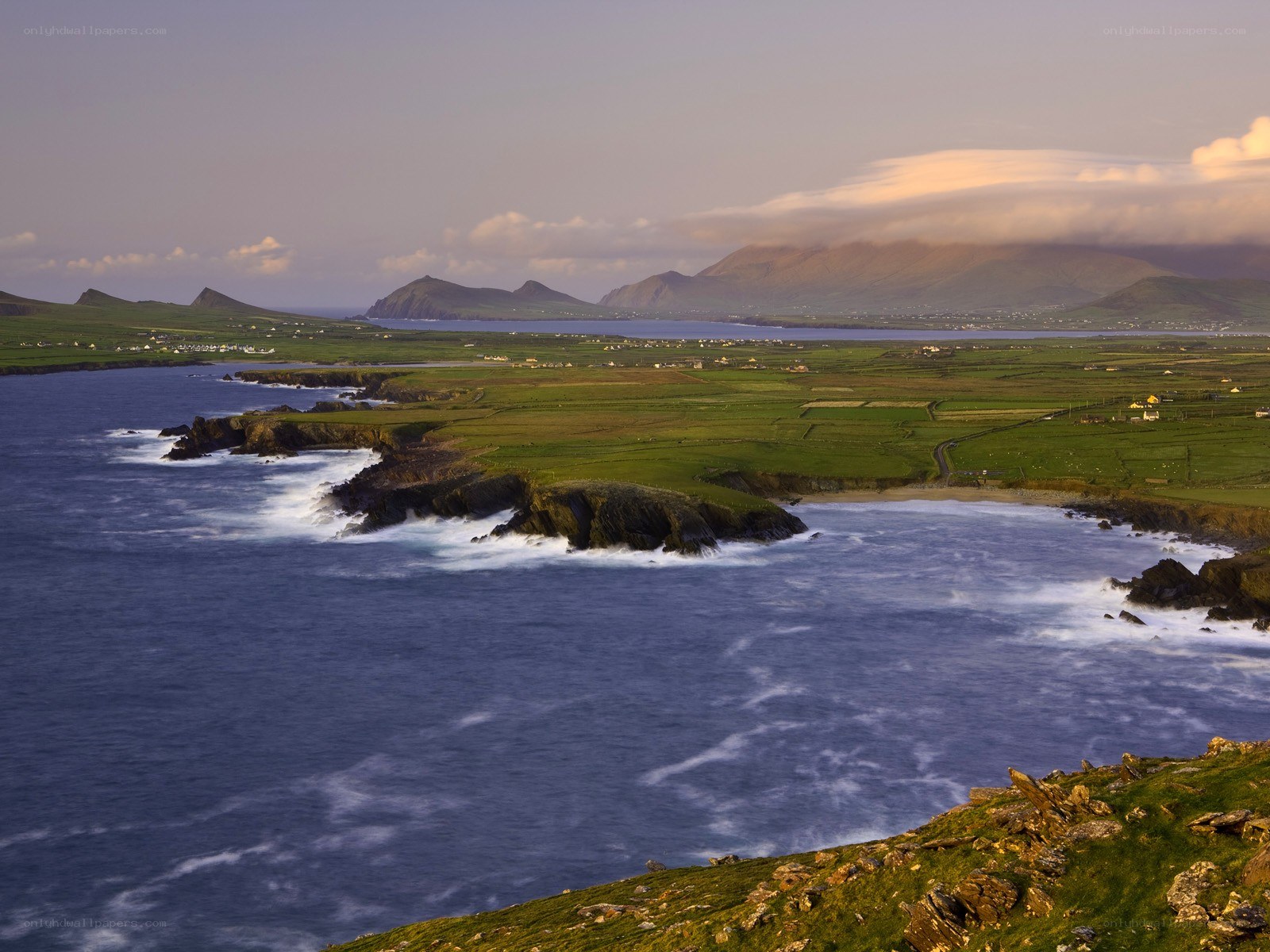 coastal landscape with green fields