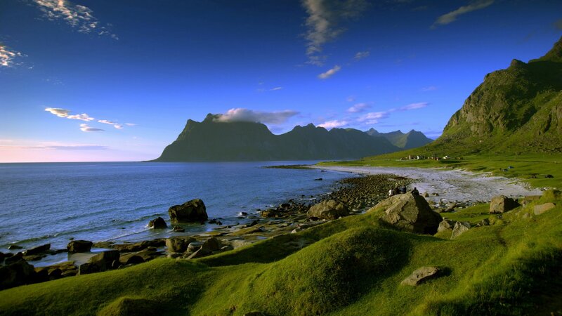 Coastal Landscape with Mountains — Blue, Serene, Afternoon