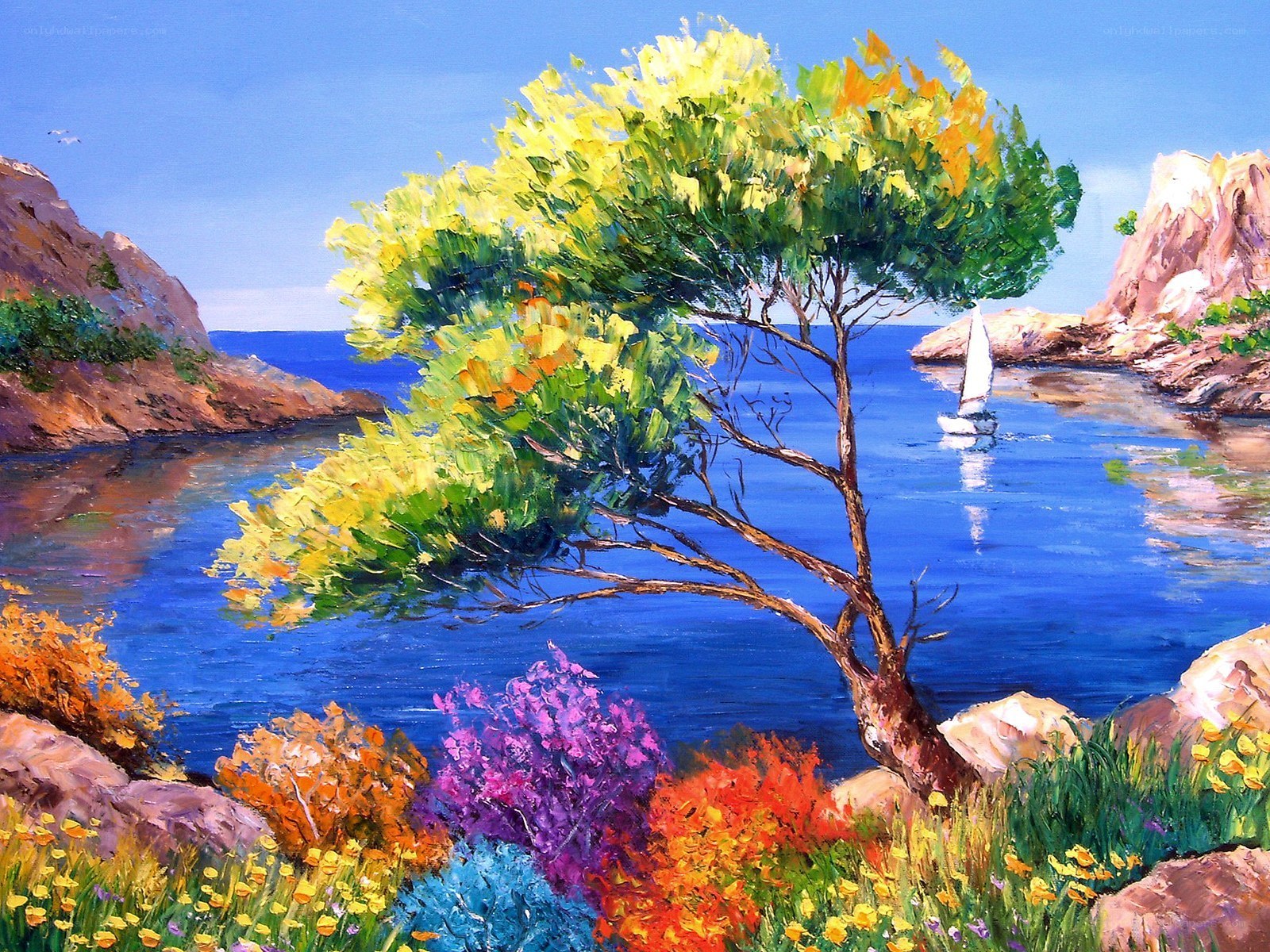 Coastal landscape with sailboat