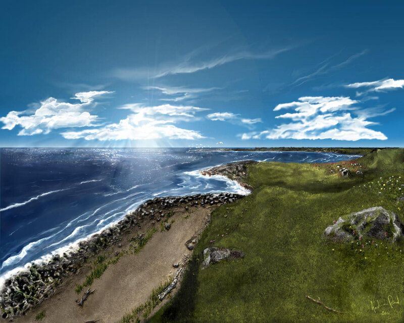 Coastal landscape with sunlit sea