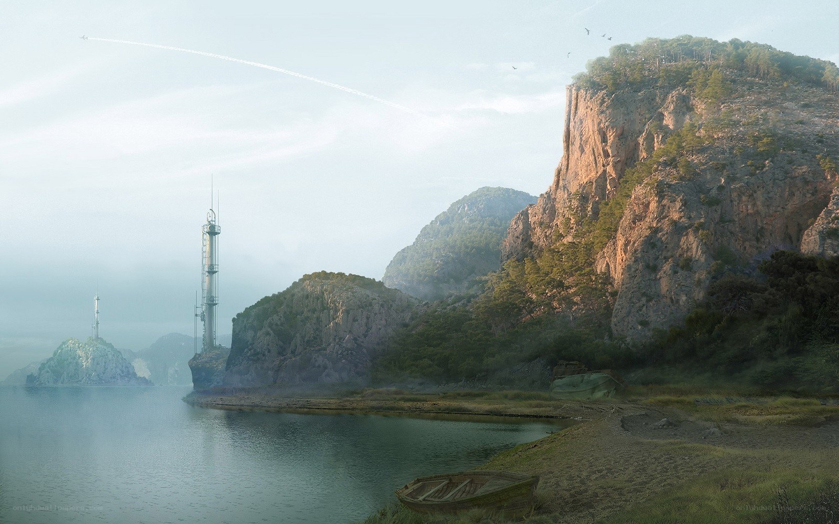 coastal landscape with towers