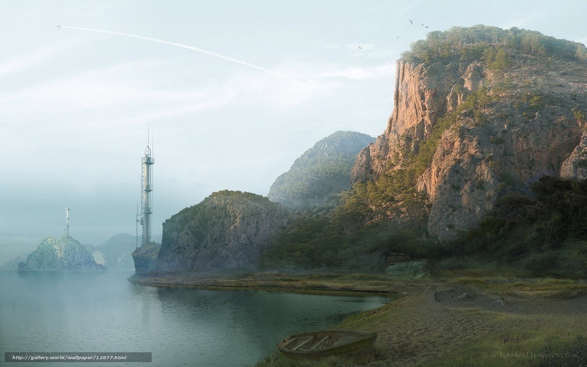 Coastal landscape with towers