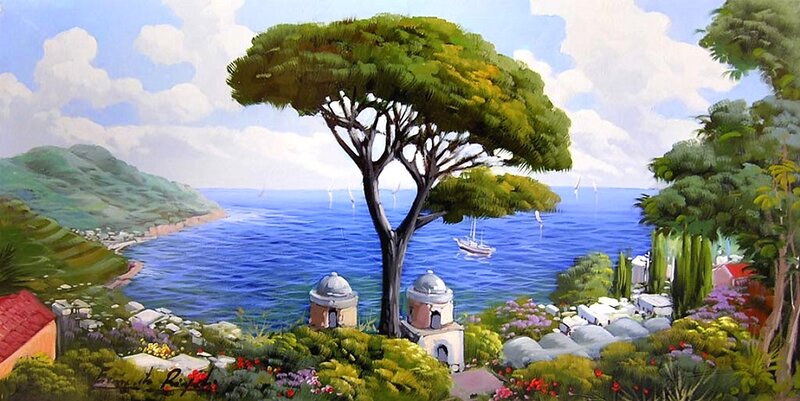 Coastal Landscape with Tree — Blue, Serene, Afternoon