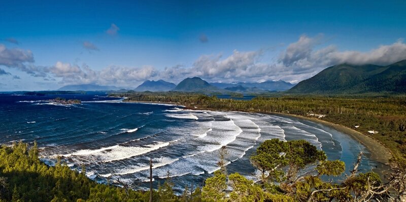 coastal landscape with waves and mountains