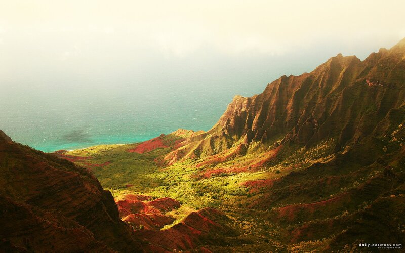 coastal mountain valley at sunrise