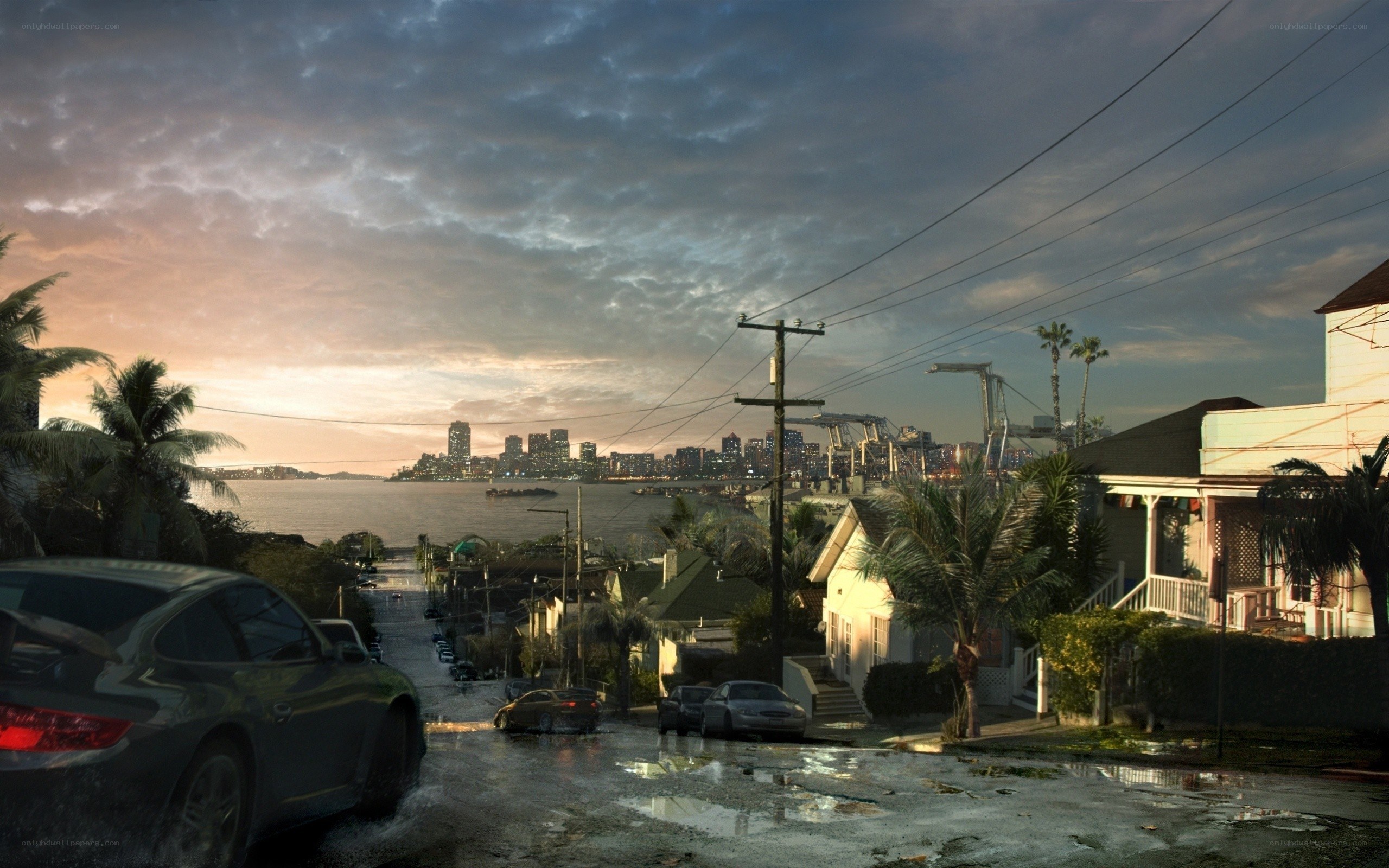 Coastal neighborhood at dusk