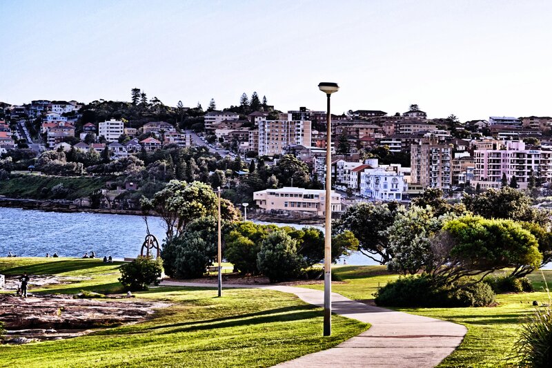 Coastal park with city view
