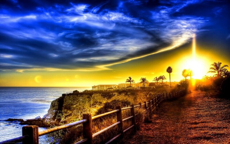 Coastal Path at Sunset — Blue, Dramatic, Photograph, Ocean, Palm Trees