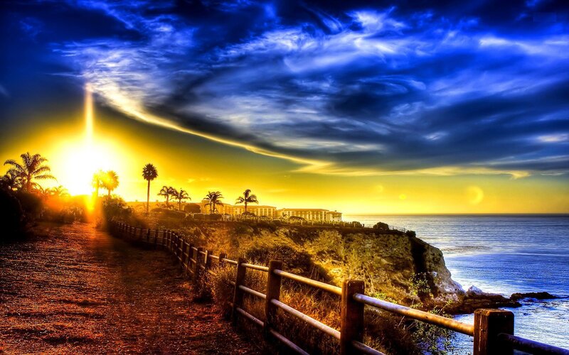 Coastal Path at Sunset — Blue, Dramatic, Photograph, Palm Trees