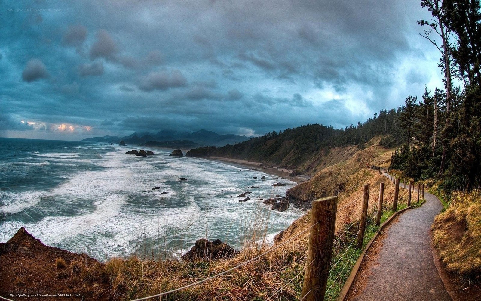 Coastal path under stormy sky