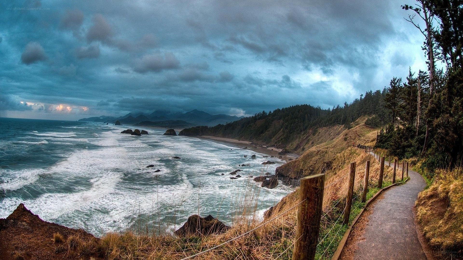 coastal path under stormy sky