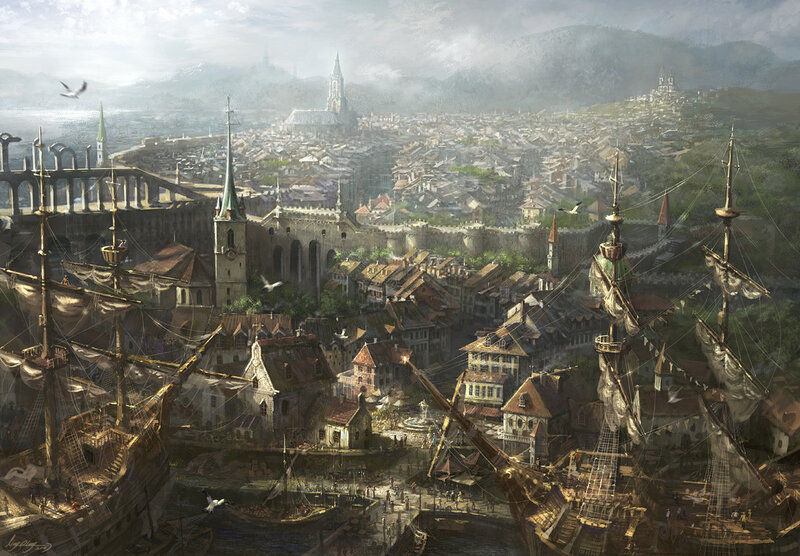 Coastal port city with ships