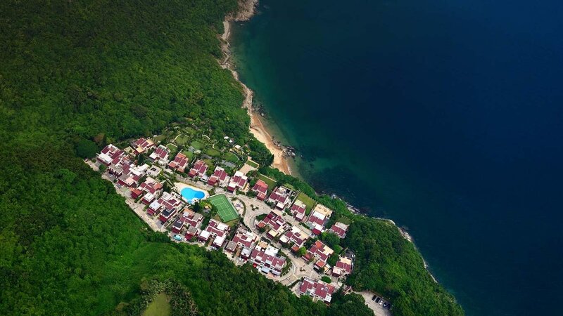 Coastal resort village aerial view