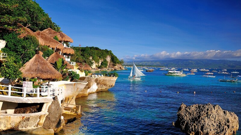 Coastal resort with sailboats