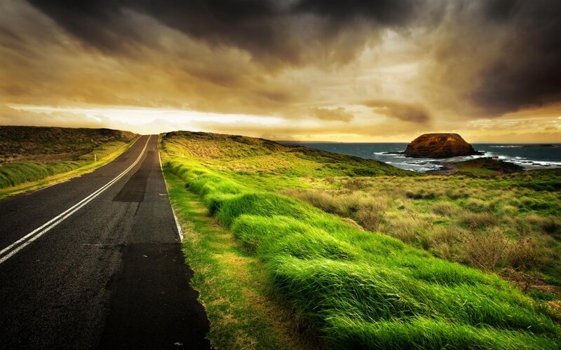 Coastal Road at Sunset — Green, Dramatic, Photograph