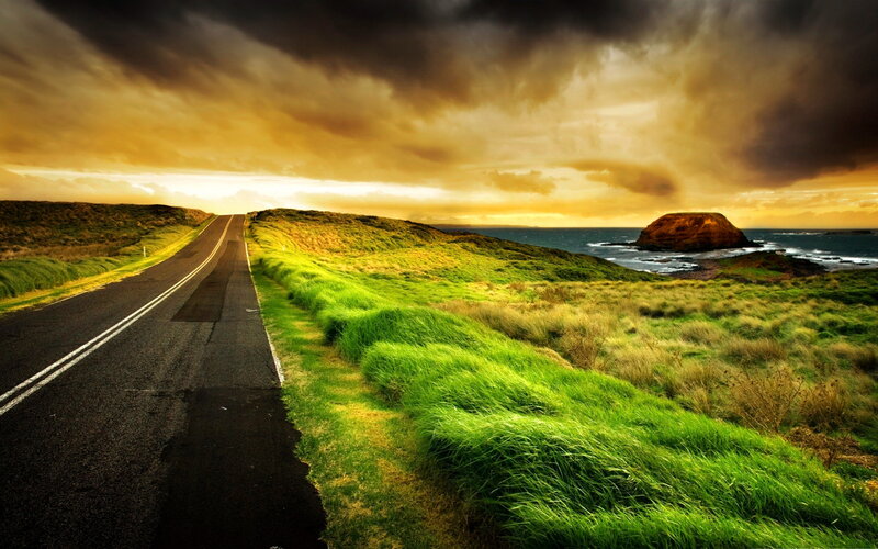 Coastal Road at Sunset — Green, Dramatic