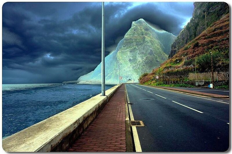 Coastal road with mountain view