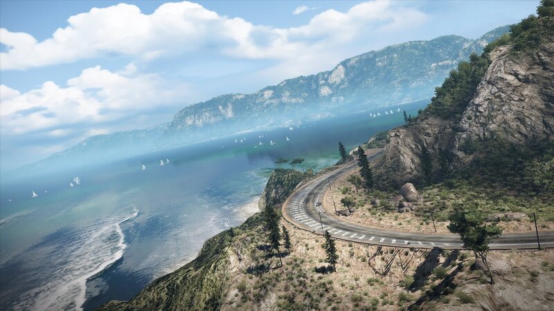 coastal road with sailboats