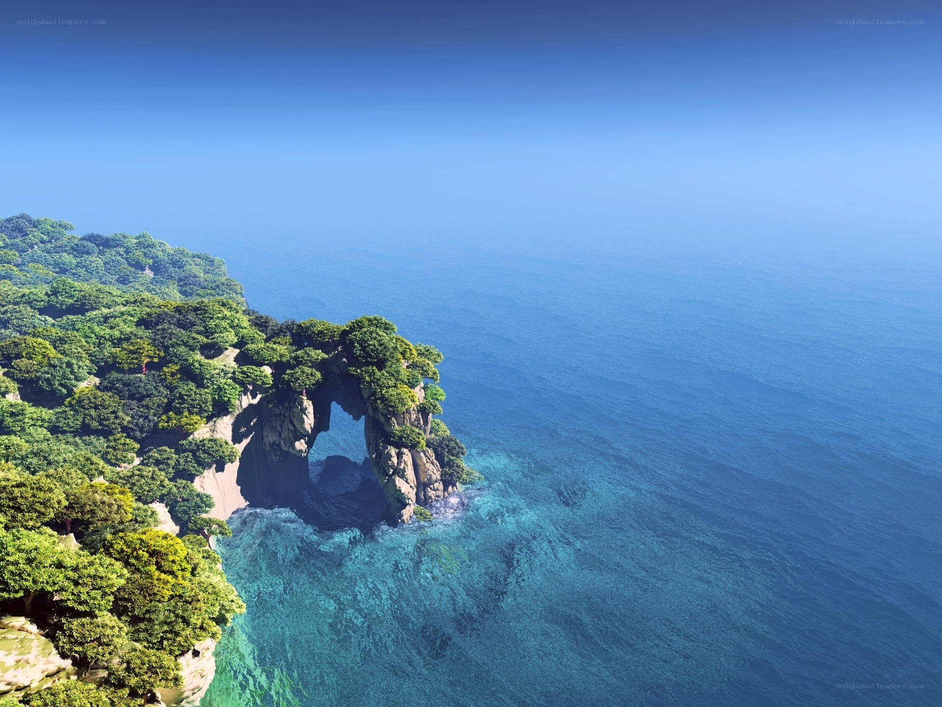 Coastal rock arch with forest