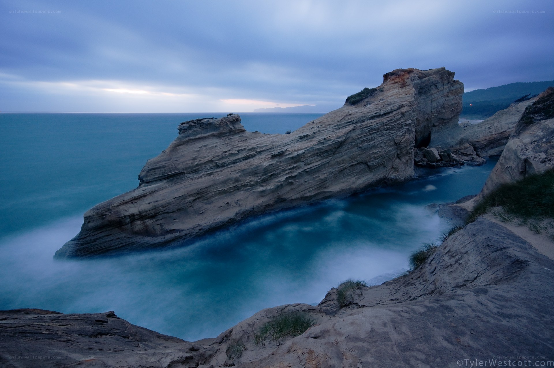 coastal rock formations at dusk