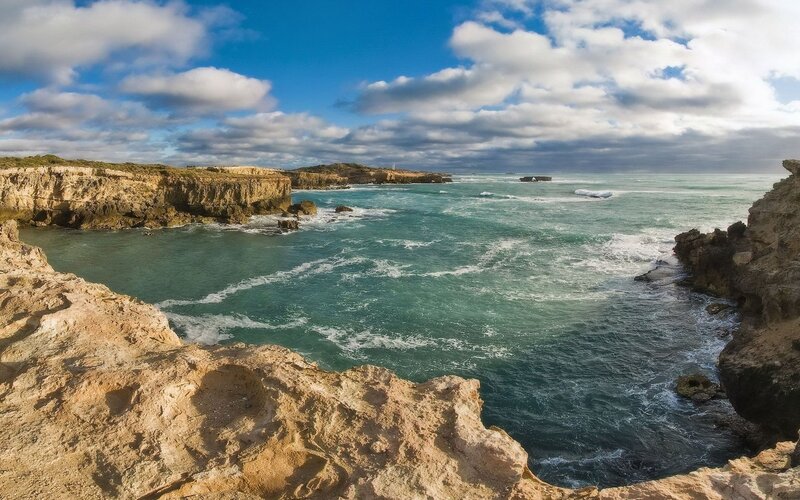 Coastal Rock Formations — Blue, Dramatic, Afternoon, Photograph, Ocean, Cliffs, Clouds