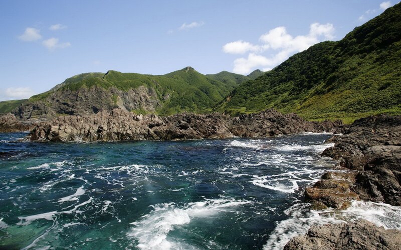 coastal rocks and green hills
