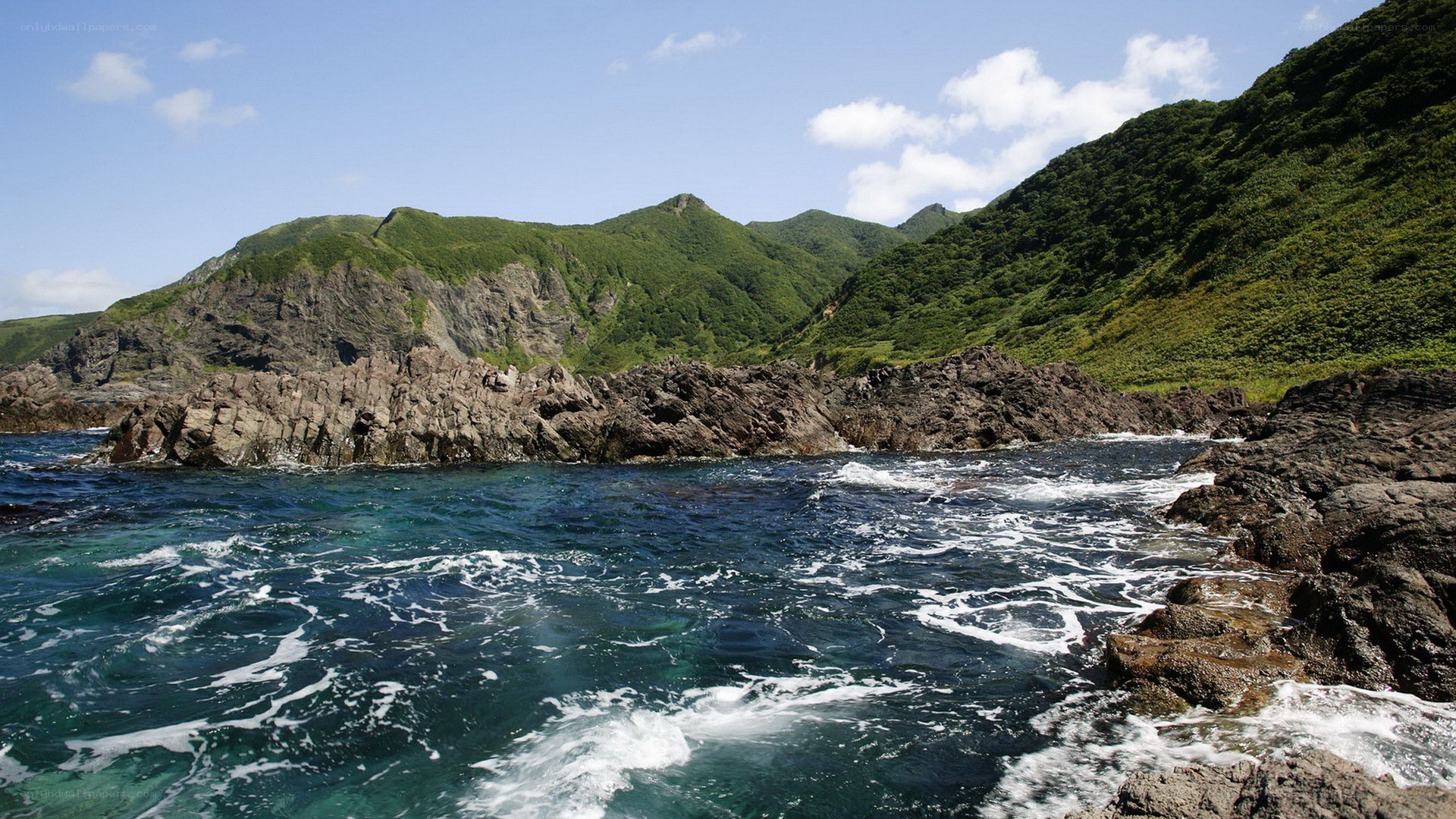 coastal rocks and green hills