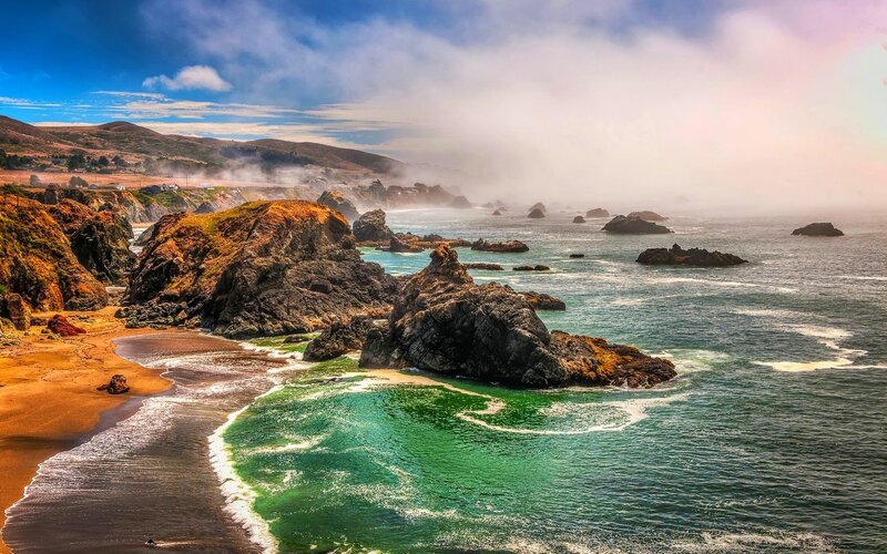 Coastal Rocks and Ocean — Blue, Dramatic, Afternoon, Photograph, Beach