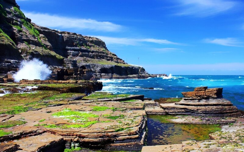 Coastal Rocks and Ocean — Blue, Dramatic, Afternoon, Photograph, Cliffs, Waves, Seaweed