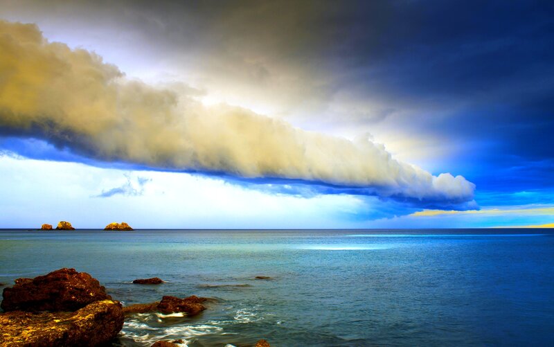 Coastal Rocks and Sea — Blue, Dramatic, Photograph