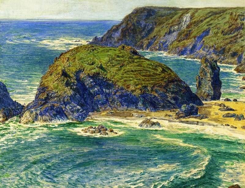 Coastal Rocks and Sea — Blue, Serene, Afternoon, Painting, Cliffs
