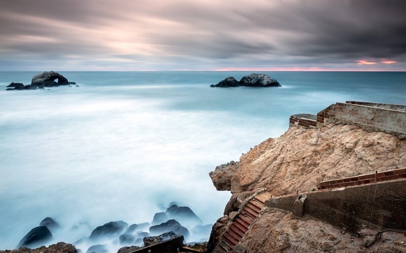 Coastal Rocks and Sea — Blue, Serene, Sunset, Photograph, Stairs