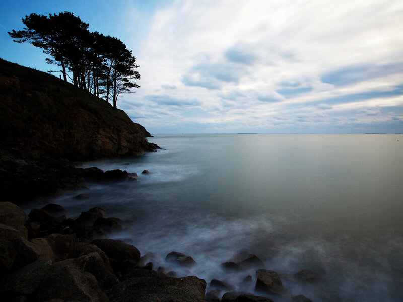 Coastal Rocks and Trees — Blue, Serene, Sunset
