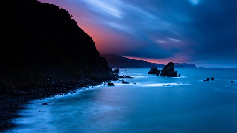 Coastal Rocks at Dusk — Blue, Dramatic, Sunset, Photograph, Cliff