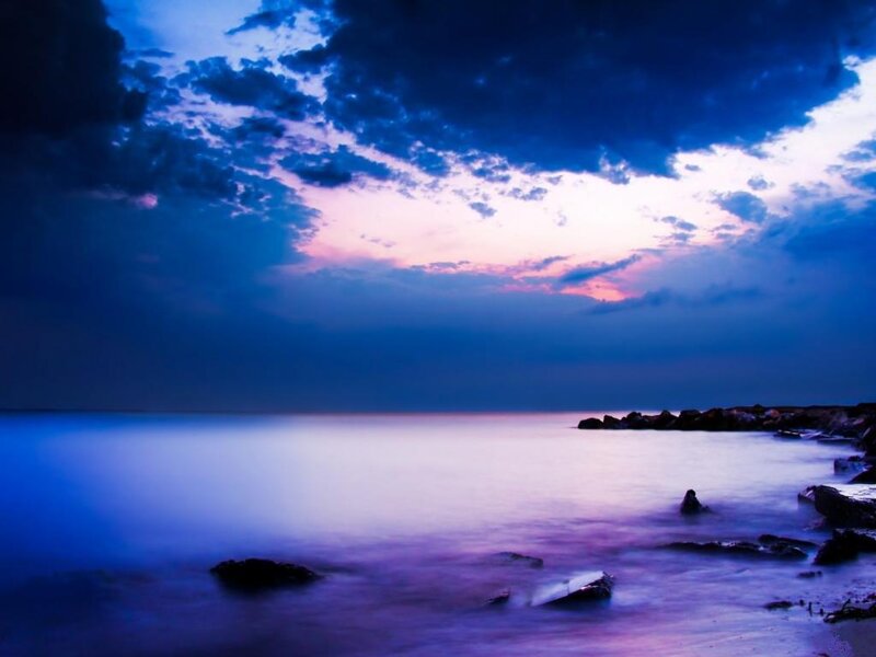 Coastal Rocks at Dusk — Blue, Dramatic, Sunset, Photograph