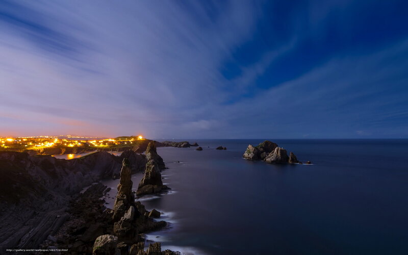 Coastal Rocks at Dusk — Blue, Serene, Night, Photograph, Sea