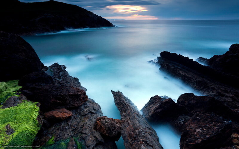 Coastal Rocks at Dusk — Blue, Serene, Sunset, Photograph, Ocean, Sky