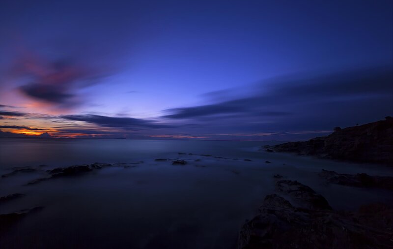 Coastal Rocks at Dusk — Blue, Serene, Sunset, Photograph, Ocean